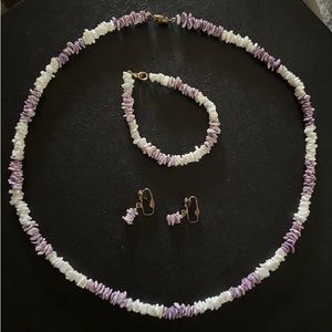 Puka Shells Vintage Blairs Of Hawaii Lei Necklace white & purple 3 Piece Set!!
